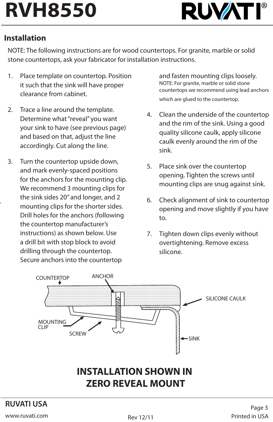 Rvh8550, Installation shown in zero reveal mount | Ruvati RVH8550 User Manual | Page 3 / 4