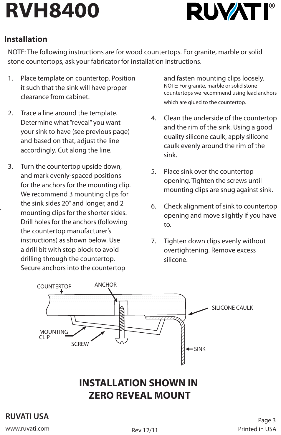 Rvh8400, Installation shown in zero reveal mount | Ruvati RVH8400 User Manual | Page 3 / 4