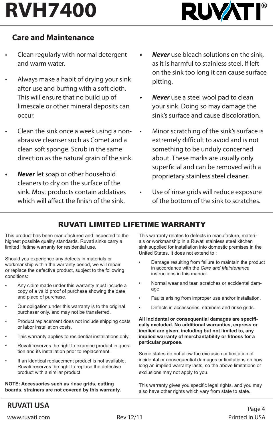 Rvh7400, Ruvati usa, Care and maintenance | Ruvati RVH7400 User Manual | Page 4 / 4