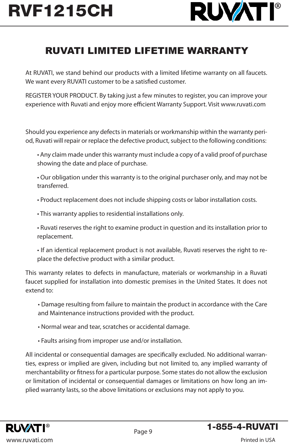 Rvf1215ch, Ruvati limited lifetime warranty | Ruvati RVF1215CH User Manual | Page 10 / 12