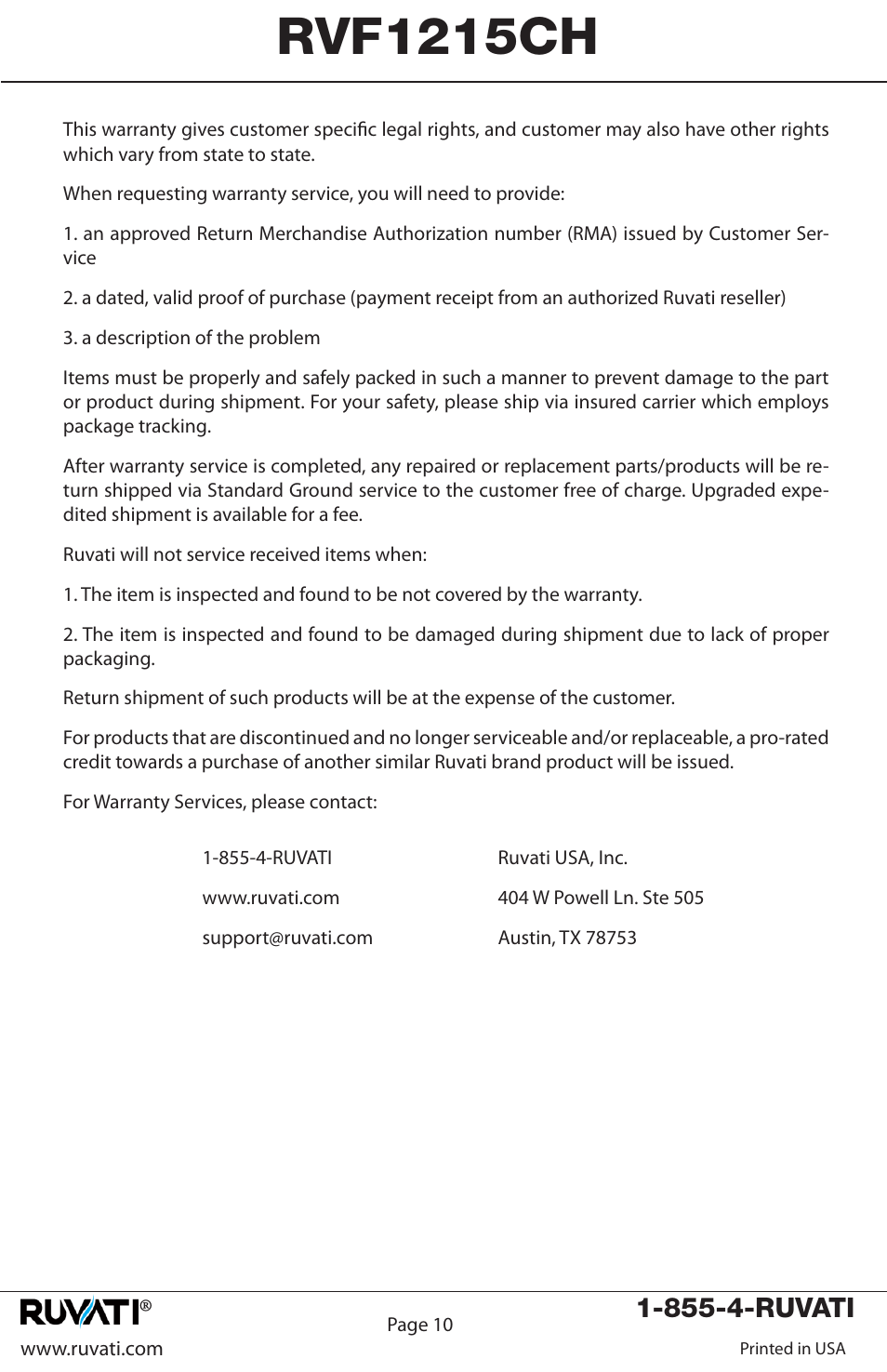 Rvf1215ch, 855-4-ruvati | Ruvati RVF1215CH User Manual | Page 11 / 12