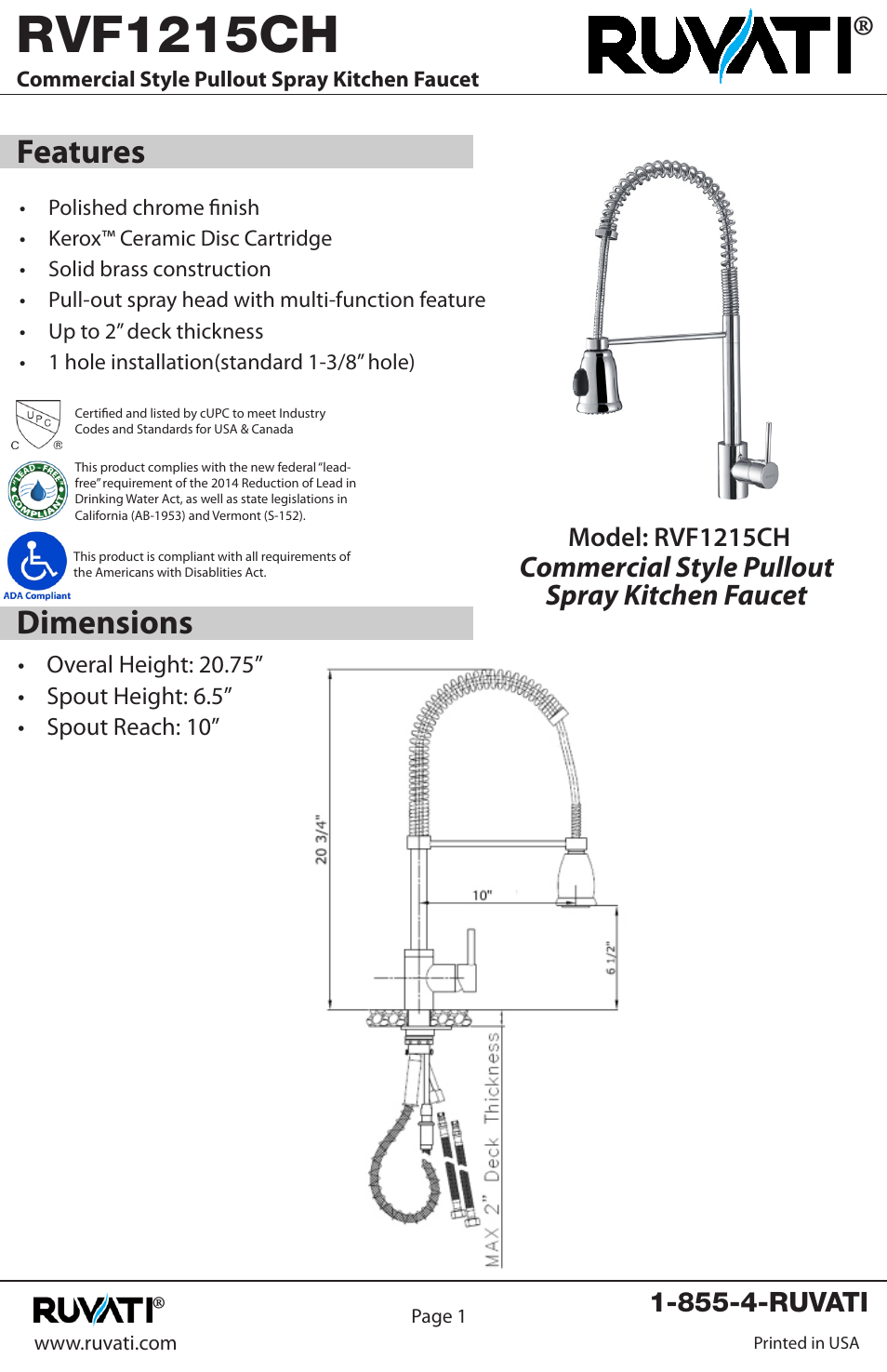 Rvf1215ch, Features dimensions, Commercial style pullout spray kitchen faucet | Ruvati RVF1215CH User Manual | Page 2 / 12