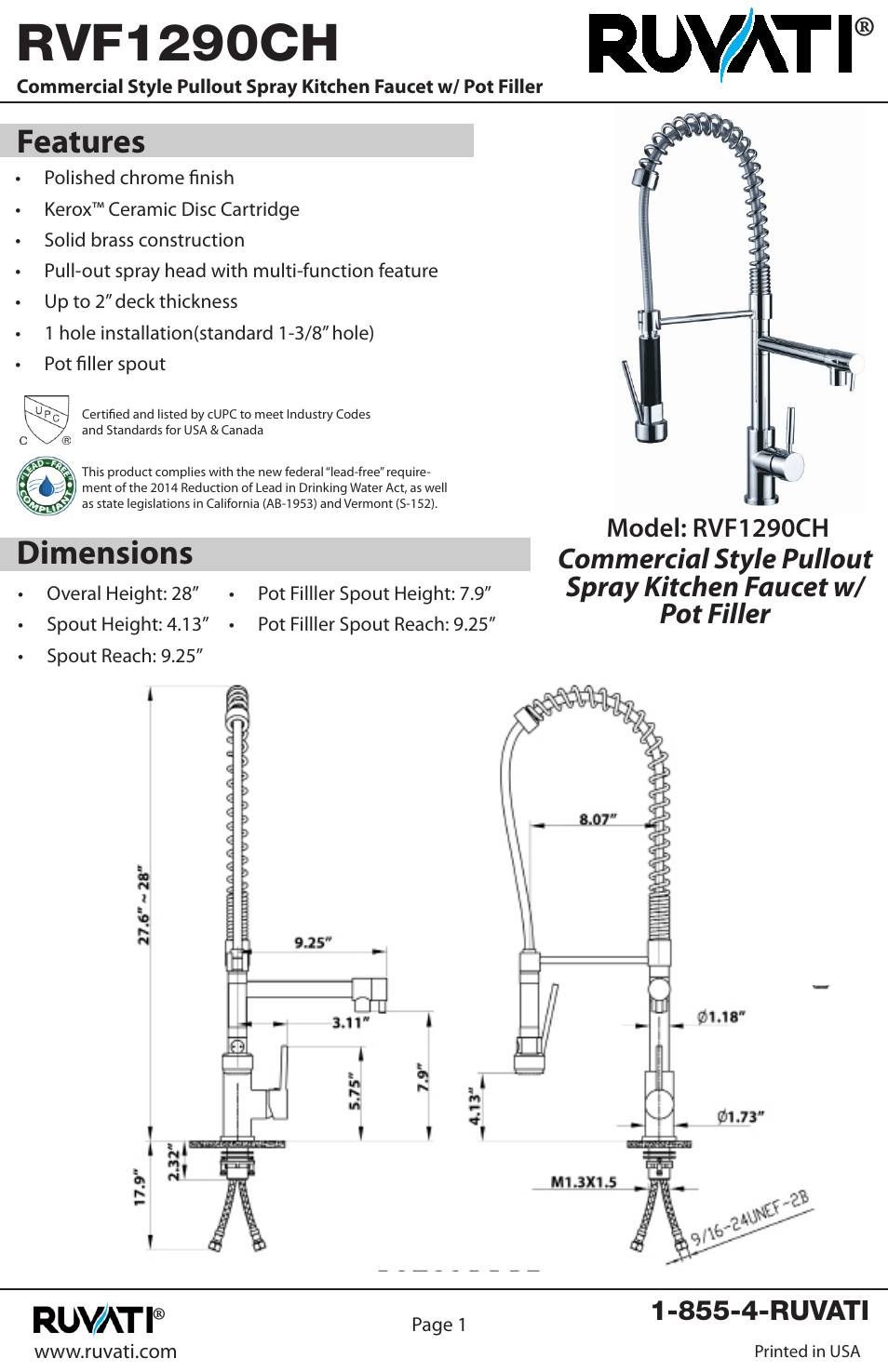 Rvf1290ch, Features dimensions | Ruvati RVF1290CH User Manual | Page 2 / 12