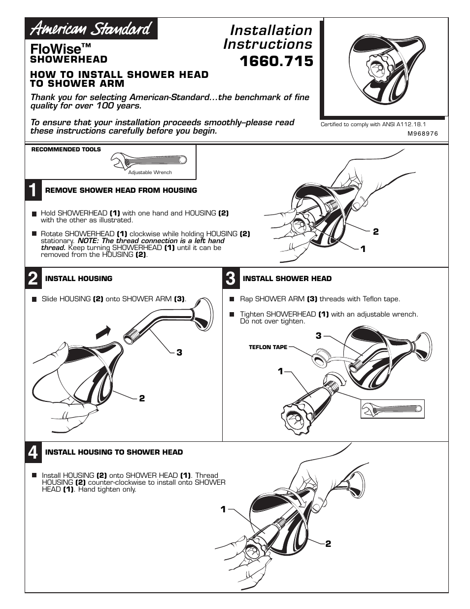 American Standard FloWise Showerhead 1660.715 User Manual | 1 page