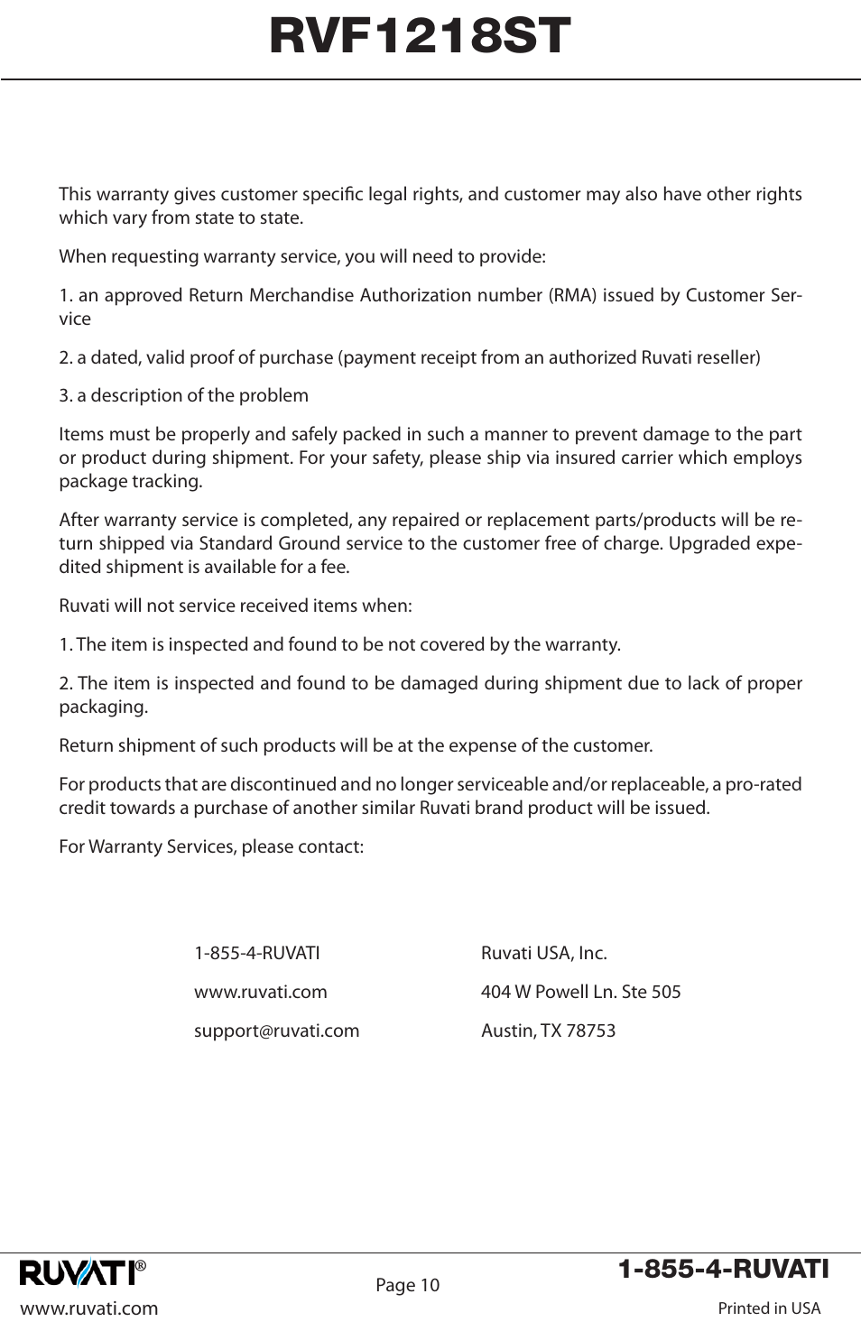 Rvf1218st, 855-4-ruvati | Ruvati RVF1218ST User Manual | Page 11 / 12