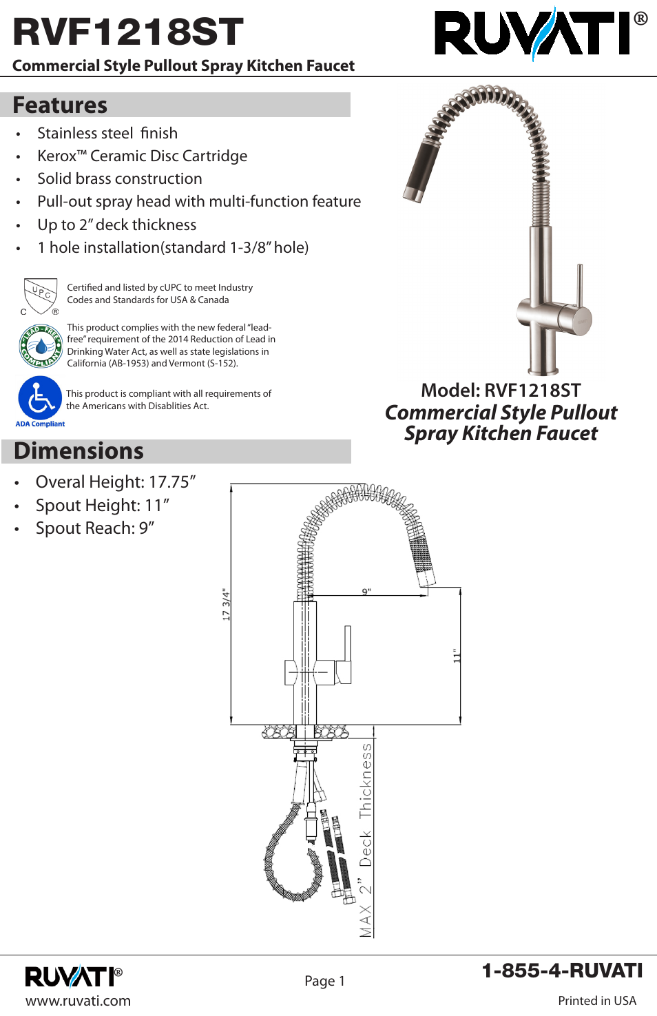 Rvf1218st, Features dimensions, Commercial style pullout spray kitchen faucet | Ruvati RVF1218ST User Manual | Page 2 / 12