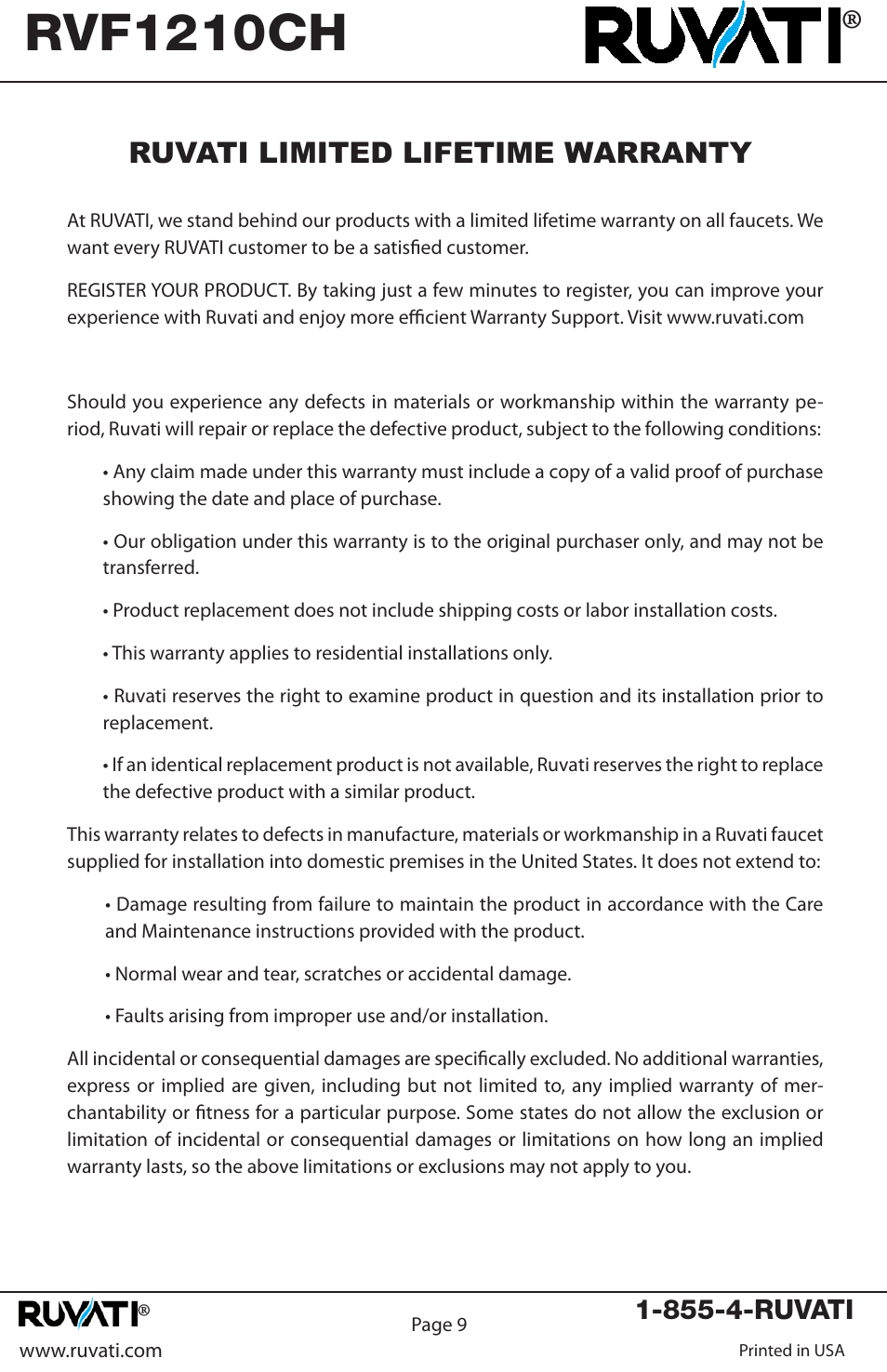 Rvf1210ch, Ruvati limited lifetime warranty | Ruvati RVF1210CH User Manual | Page 10 / 12
