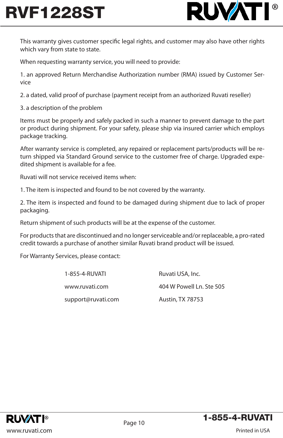 Rvf1228st, 855-4-ruvati | Ruvati RVF1228ST User Manual | Page 11 / 12