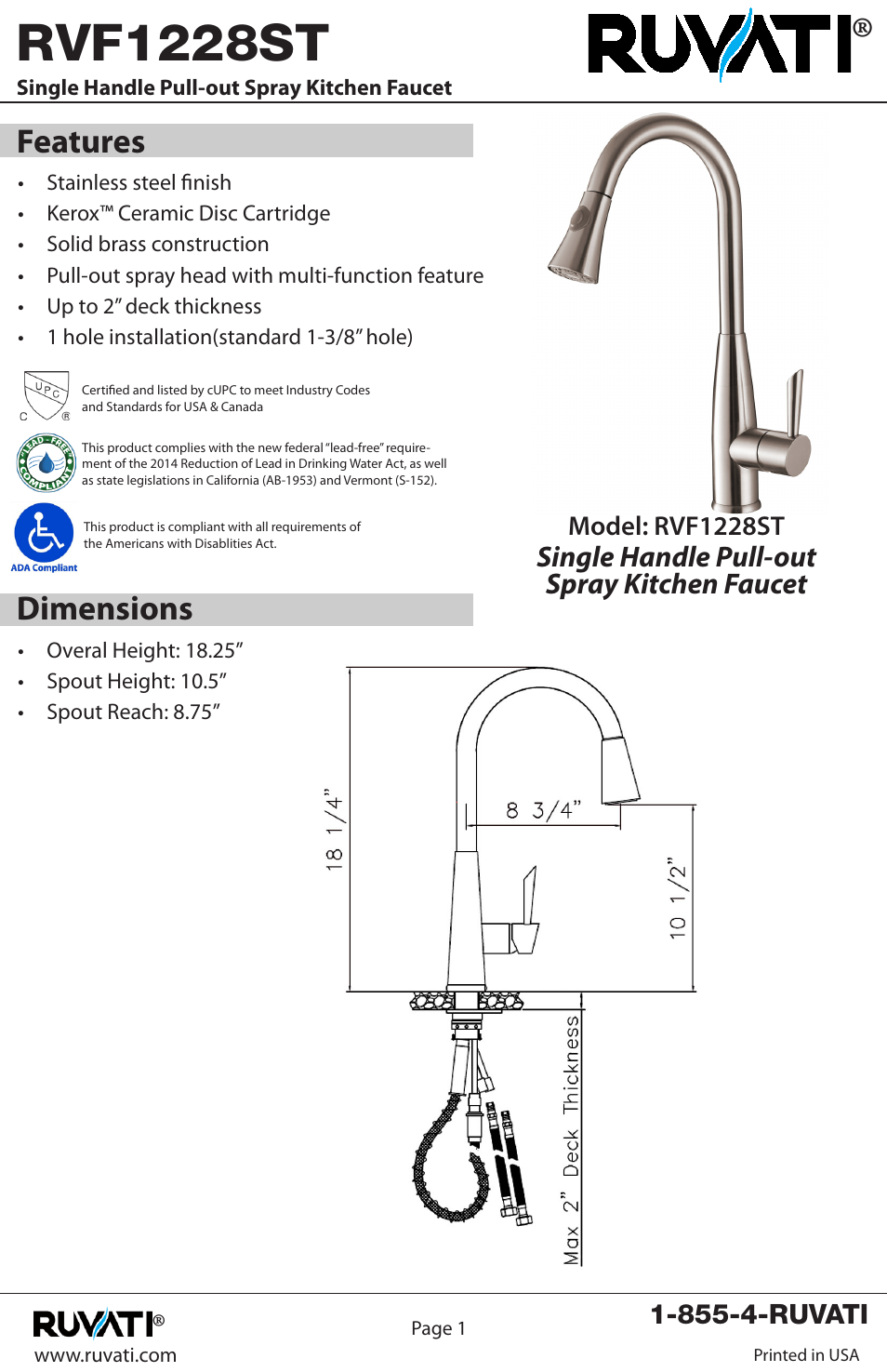 Rvf1228st, Features, Dimensions | Single handle pull-out spray kitchen faucet | Ruvati RVF1228ST User Manual | Page 2 / 12