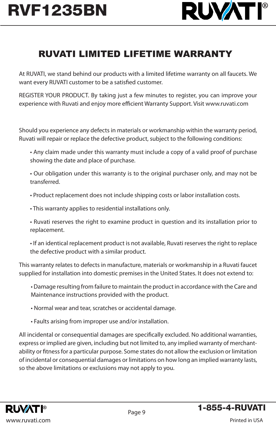 Rvf1235bn, Ruvati limited lifetime warranty | Ruvati RVF1235BN User Manual | Page 10 / 12