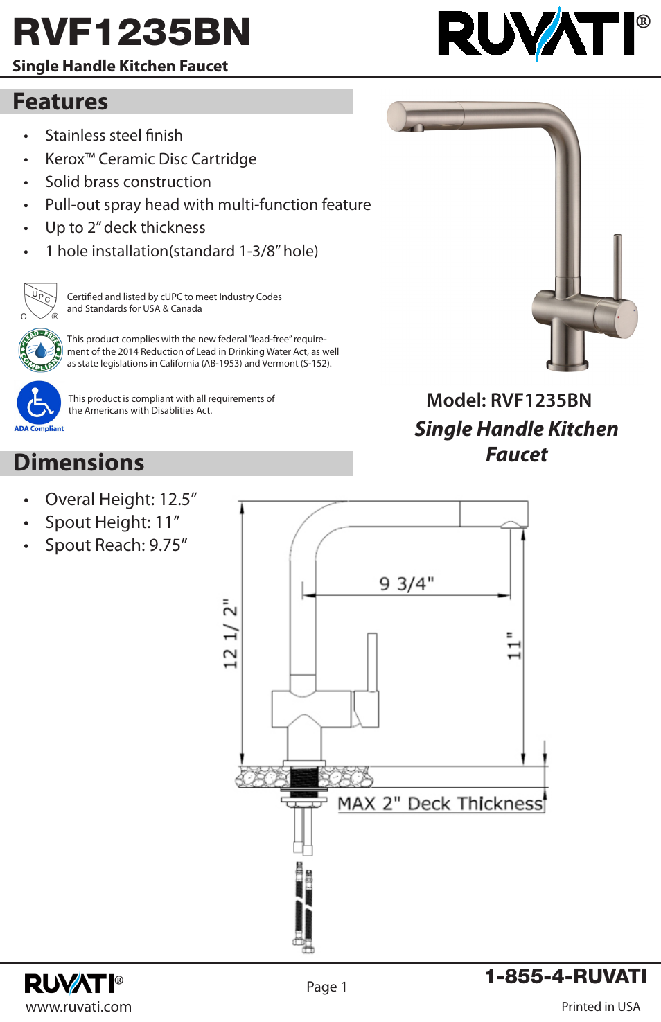 Rvf1235bn, Dimensions features, Single handle kitchen faucet | Ruvati RVF1235BN User Manual | Page 2 / 12