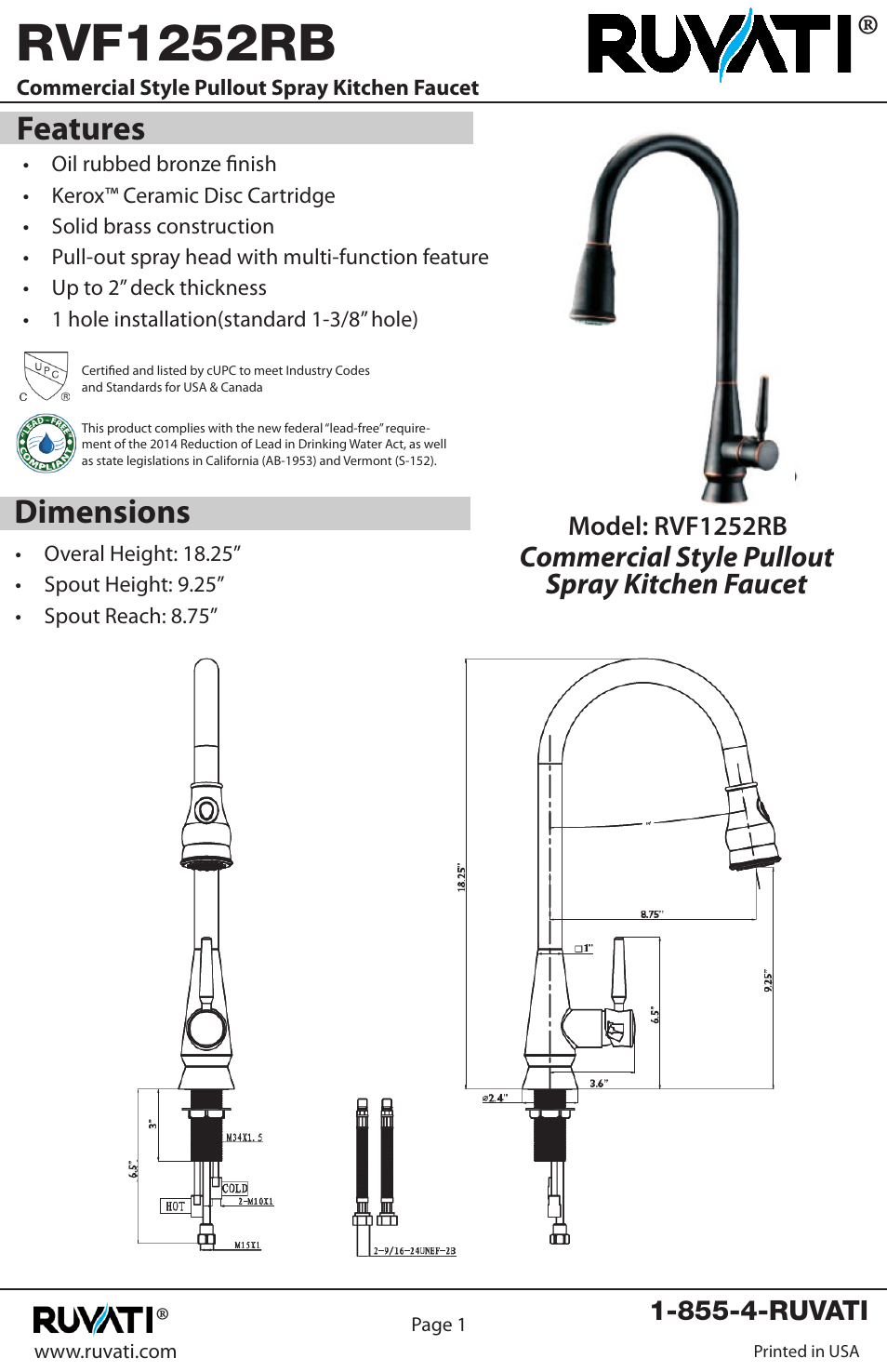 Rvf1252rb, Features dimensions | Ruvati RVF1252RB User Manual | Page 2 / 12