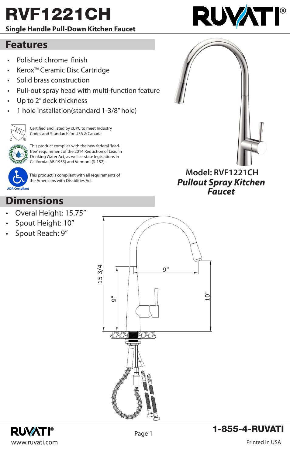 Rvf1221ch, Dimensions features, Pullout spray kitchen faucet | Ruvati RVF1221CH User Manual | Page 2 / 12