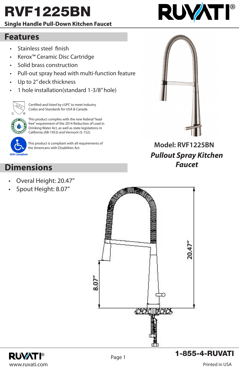 Rvf1225bn, Dimensions features, Pullout spray kitchen faucet | Ruvati RVF1225BN User Manual | Page 2 / 12