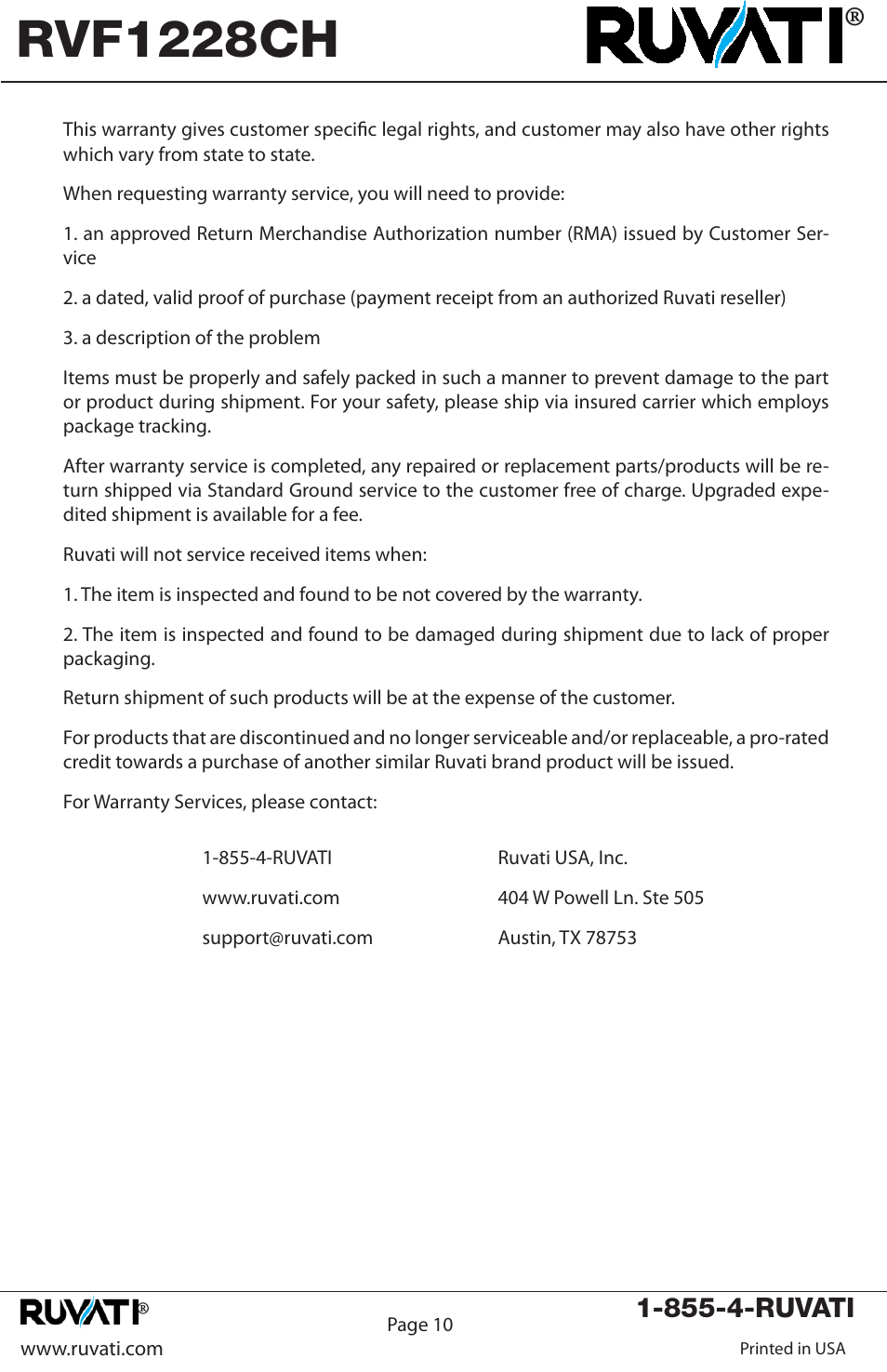 Rvf1228ch, 855-4-ruvati | Ruvati RVF1228CH User Manual | Page 11 / 12