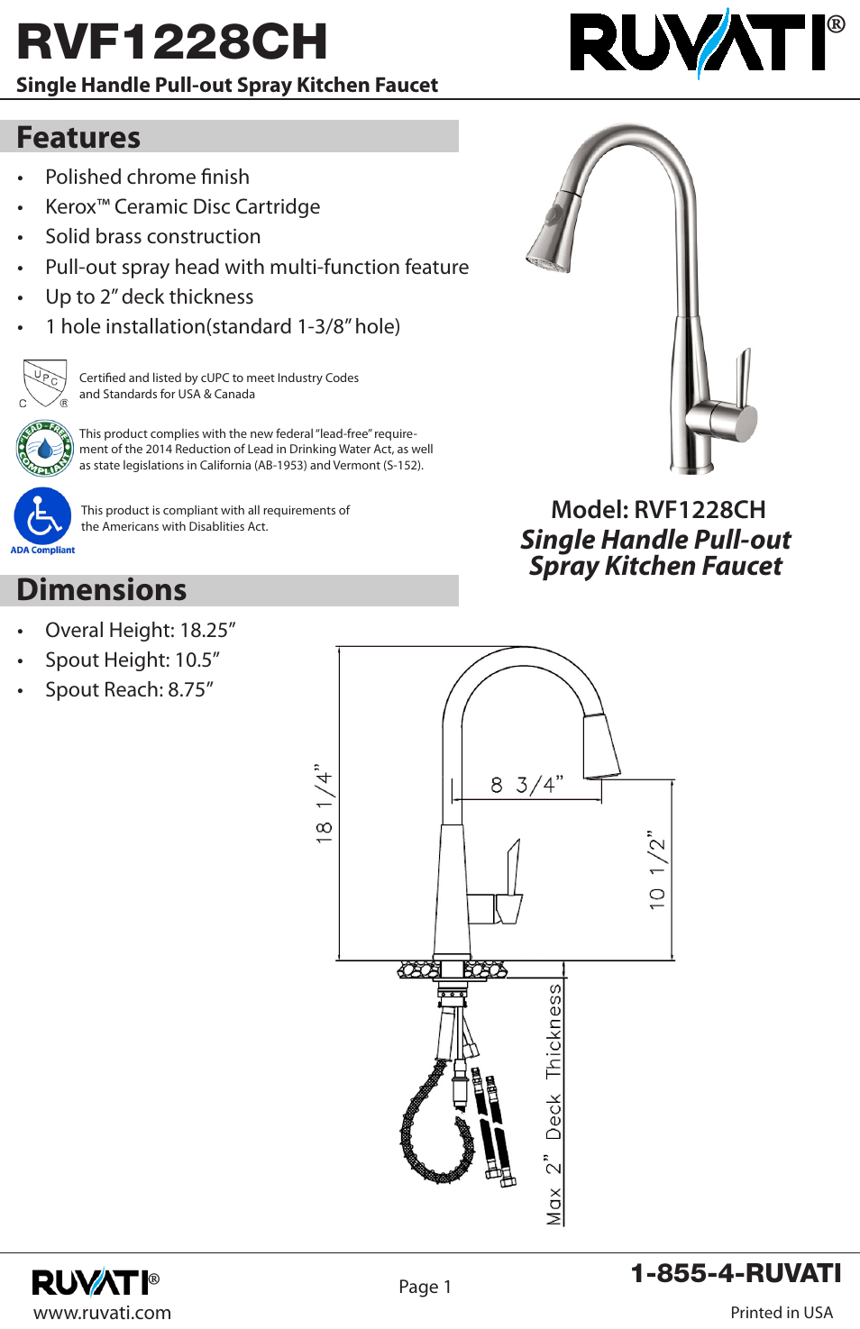 Rvf1228ch, Features, Dimensions | Single handle pull-out spray kitchen faucet | Ruvati RVF1228CH User Manual | Page 2 / 12