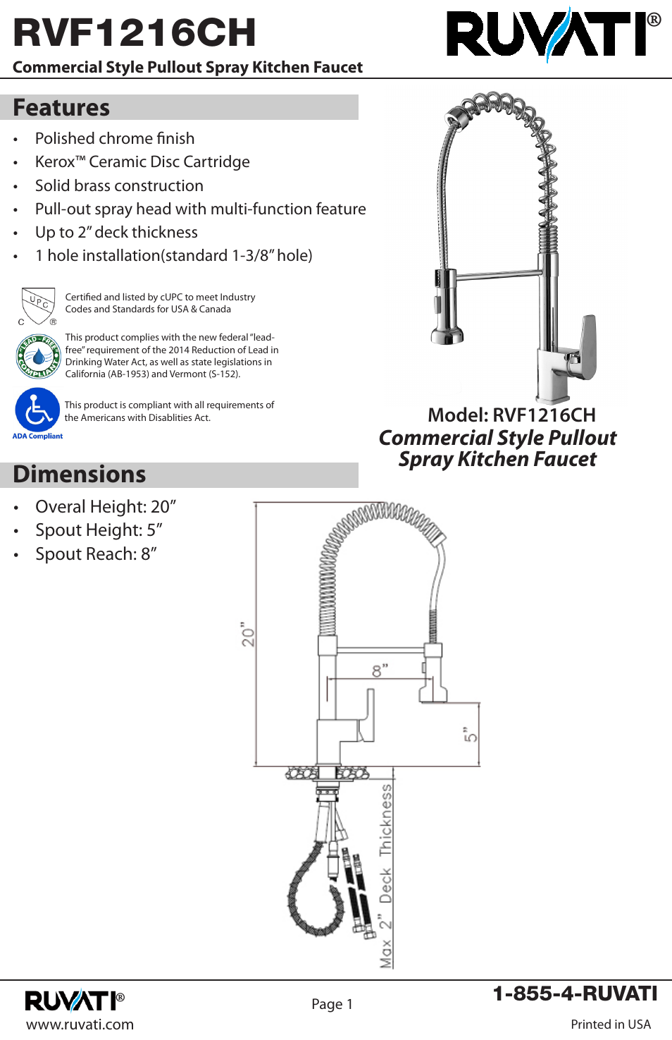 Rvf1216ch, Features, Dimensions | Commercial style pullout spray kitchen faucet | Ruvati RVF1216CH User Manual | Page 2 / 12