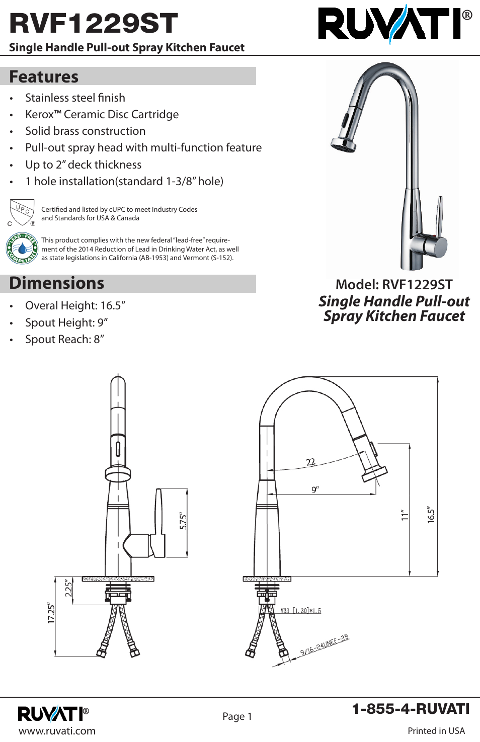 Rvf1229st, Features dimensions | Ruvati RVF1229ST User Manual | Page 2 / 12