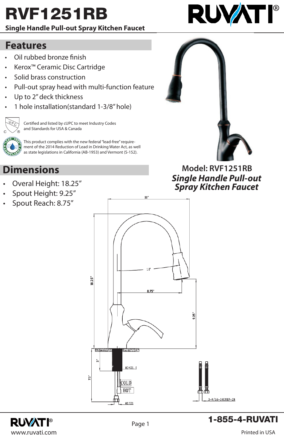 Rvf1251rb, Features dimensions | Ruvati RVF1251RB User Manual | Page 2 / 12