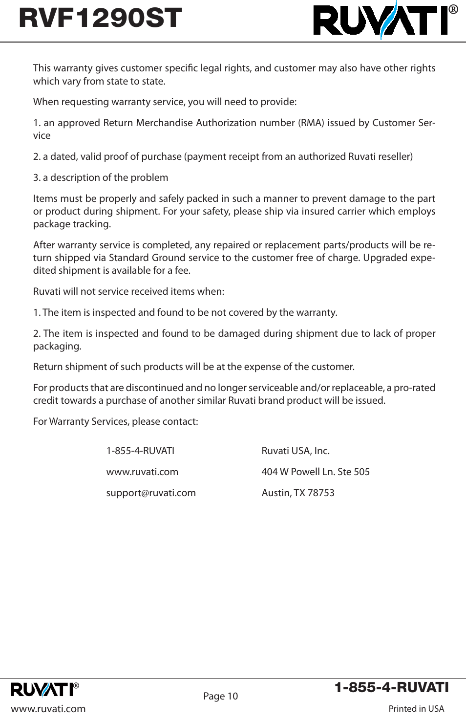 Rvf1290st, 855-4-ruvati | Ruvati RVF1290ST User Manual | Page 11 / 12