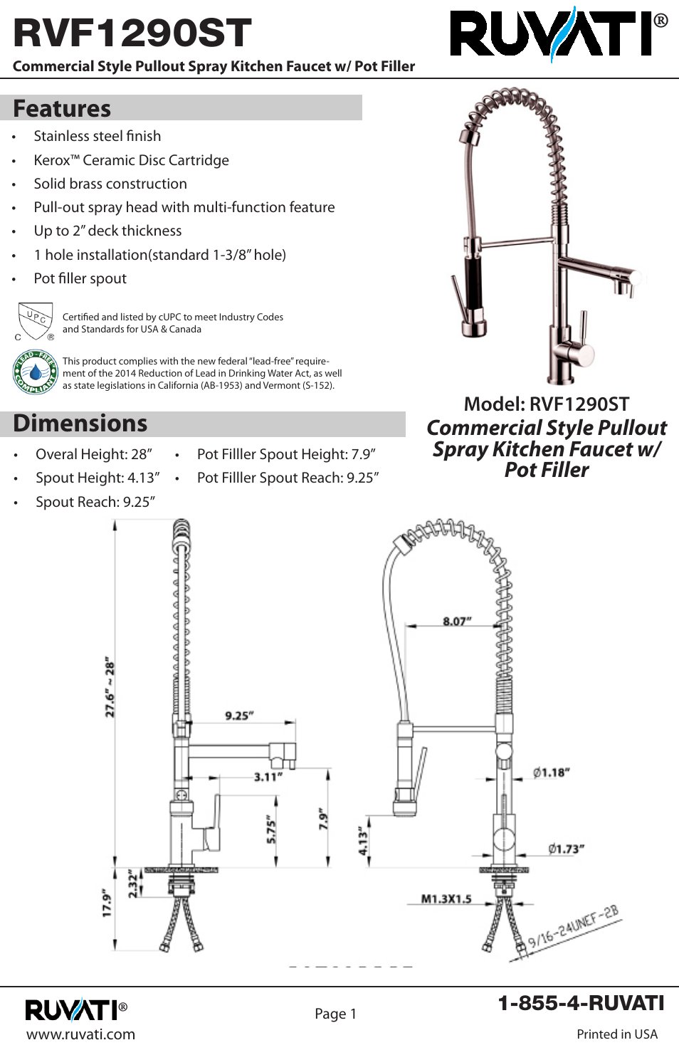 Rvf1290st, Features dimensions | Ruvati RVF1290ST User Manual | Page 2 / 12