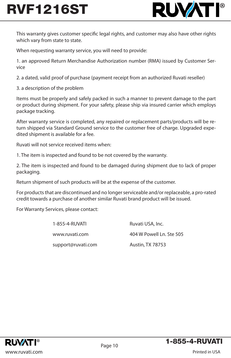 Rvf1216st, 855-4-ruvati | Ruvati RVF1216ST User Manual | Page 11 / 12