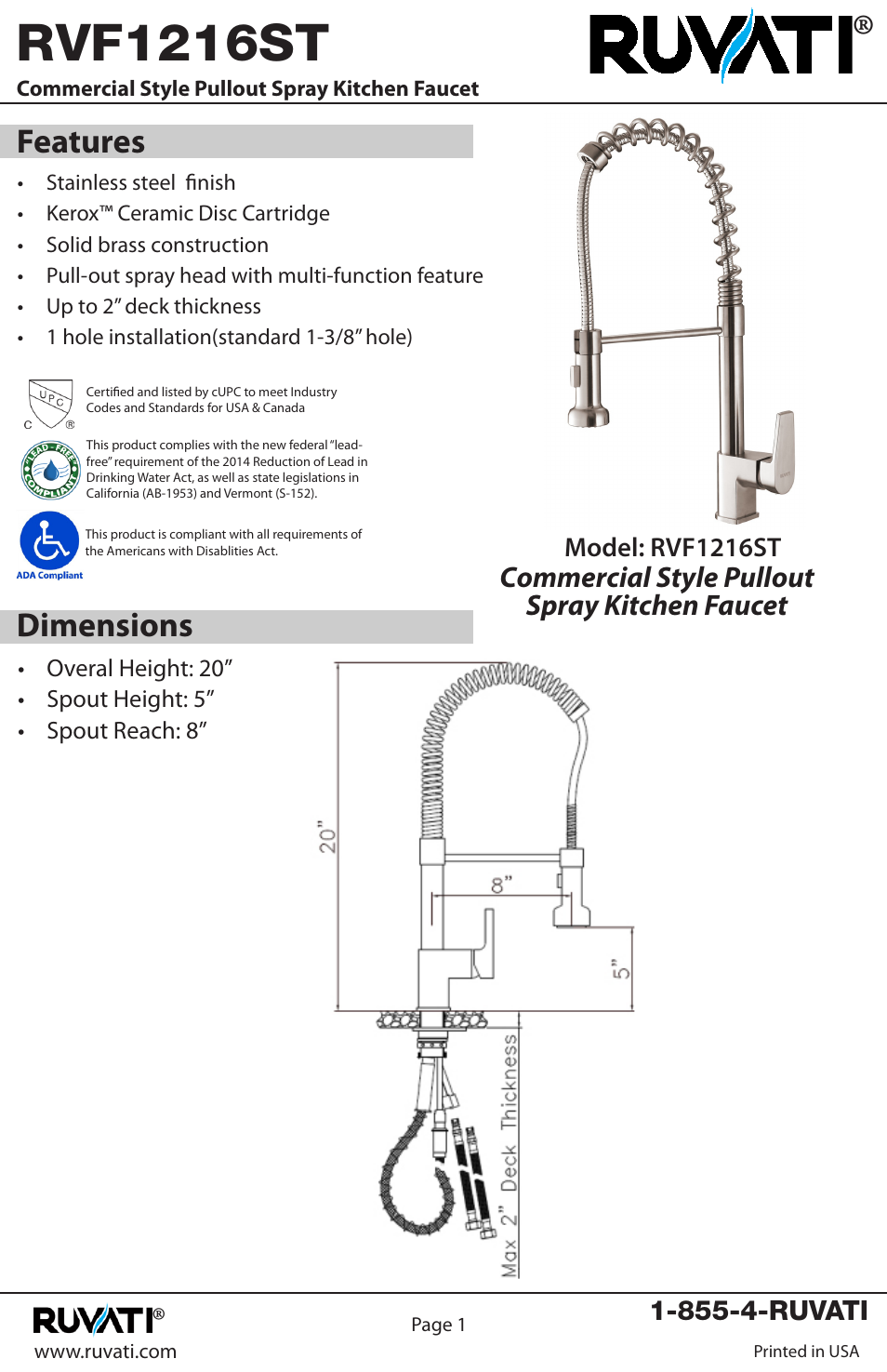 Rvf1216st, Features, Dimensions | Commercial style pullout spray kitchen faucet | Ruvati RVF1216ST User Manual | Page 2 / 12