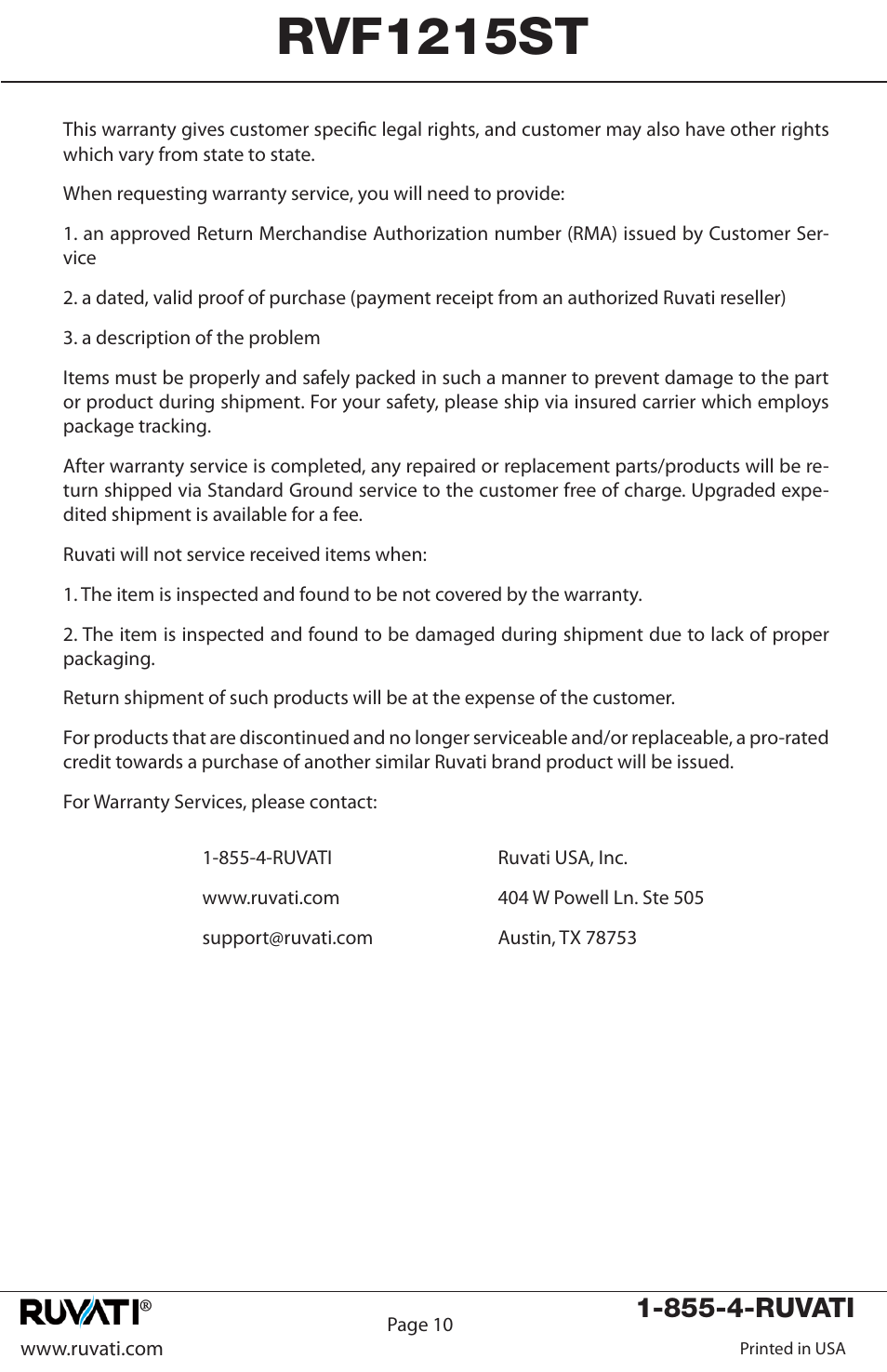 Rvf1215st, 855-4-ruvati | Ruvati RVF1215ST User Manual | Page 11 / 12