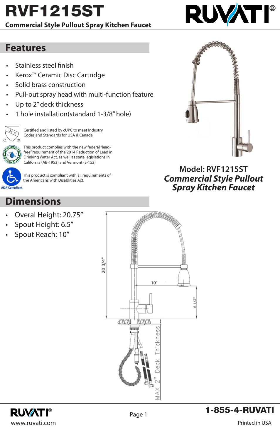 Rvf1215st, Features dimensions, Commercial style pullout spray kitchen faucet | Ruvati RVF1215ST User Manual | Page 2 / 12