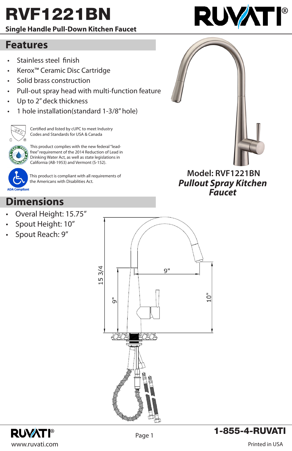 Rvf1221bn, Dimensions features, Pullout spray kitchen faucet | Ruvati RVF1221BN User Manual | Page 2 / 12