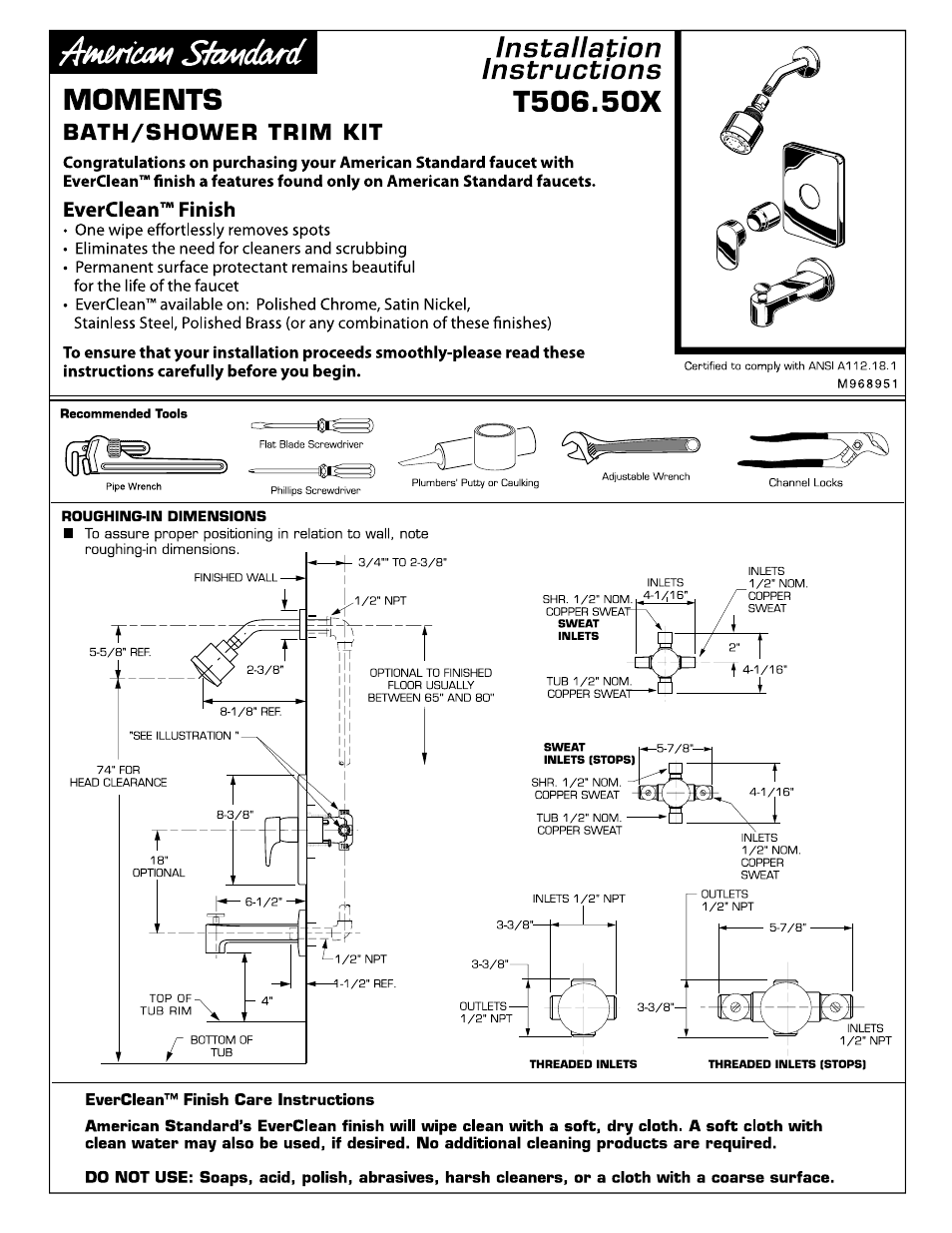 American Standard Moments Bath / Shower Trim Kits T50.50X User Manual | 4 pages