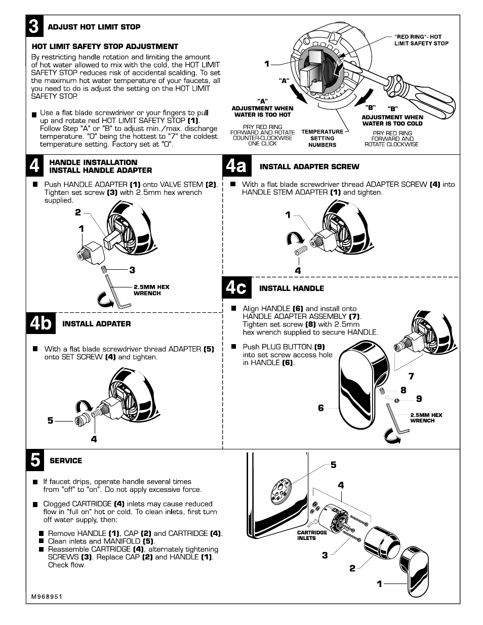 Adjust hot limit stop, Hot limit safety stop adjustment, Handle installation install handle adapter | Install adapter screw, Install handle, Install adpater, Service | American Standard Moments Bath / Shower Trim Kits T50.50X User Manual | Page 3 / 4