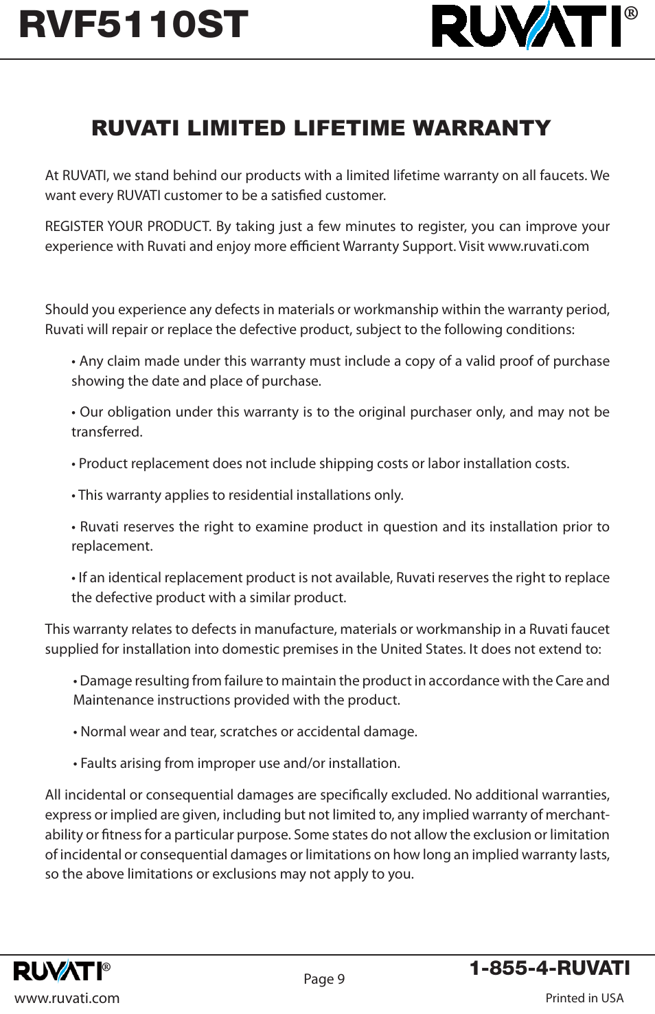 Rvf5110st, Ruvati limited lifetime warranty | Ruvati RVF5110ST User Manual | Page 10 / 12
