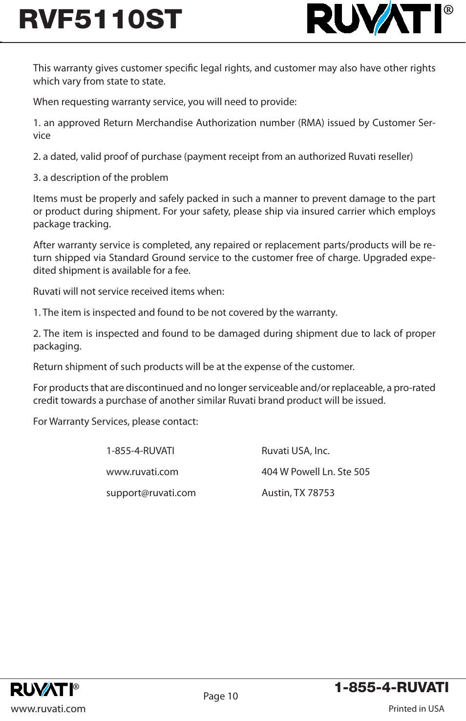 Rvf5110st | Ruvati RVF5110ST User Manual | Page 11 / 12
