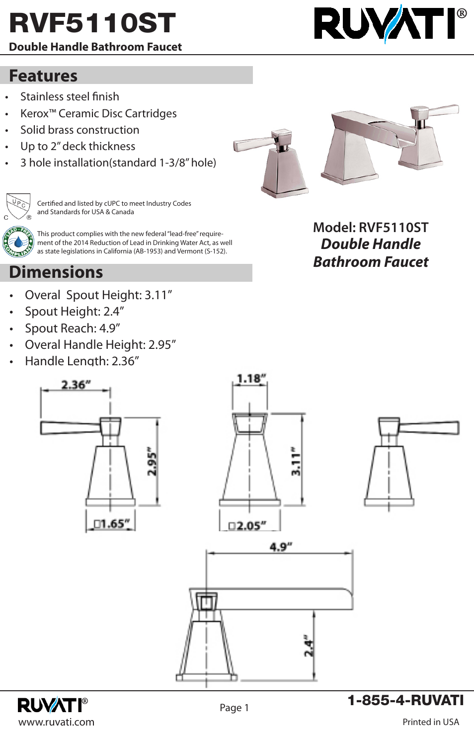 Rvf5110st, Features dimensions | Ruvati RVF5110ST User Manual | Page 2 / 12