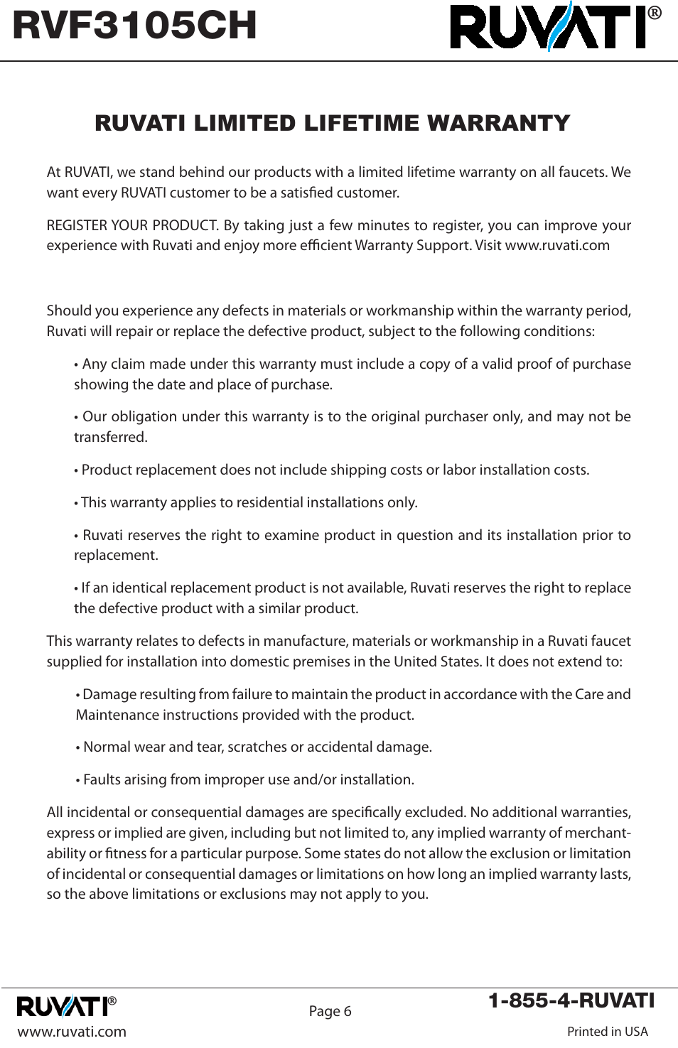 Rvf3105ch, Ruvati limited lifetime warranty | Ruvati RVF3105CH User Manual | Page 6 / 8