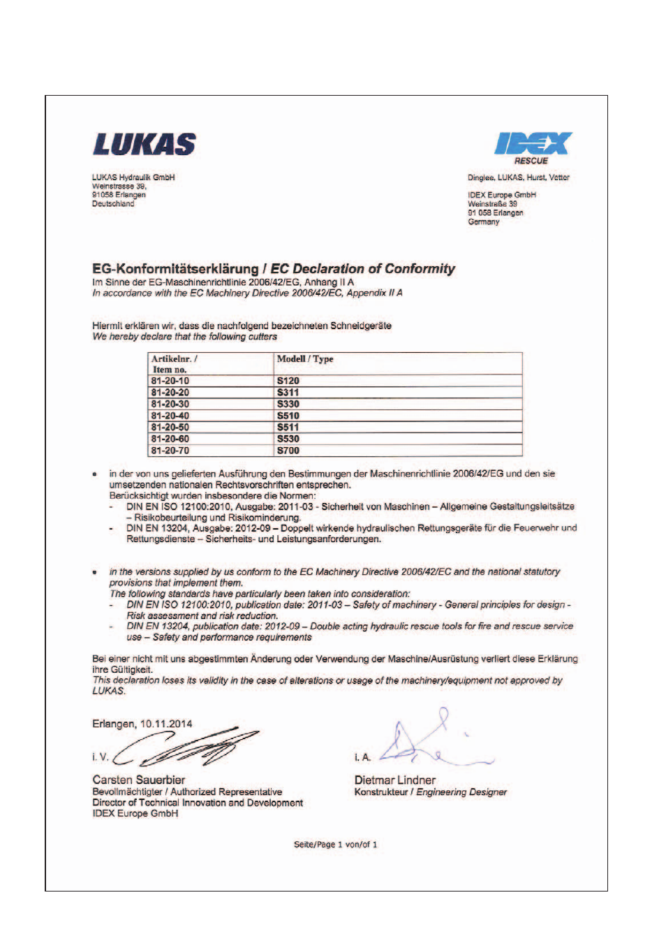 Ec declarations of conformity | Lukas SC 557 User Manual | Page 52 / 56