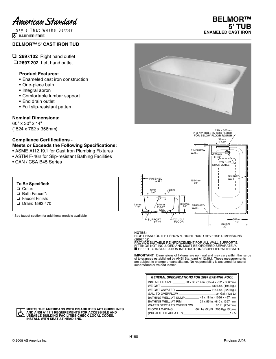 American Standard Belmor 5' Cast Iron Tub 2697.102 User Manual | 1 page