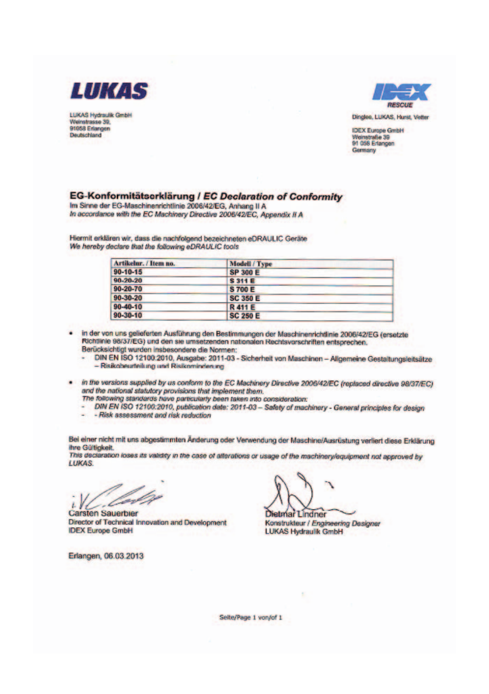 Ec declarations of conformity | Lukas SC 350 E User Manual | Page 43 / 52