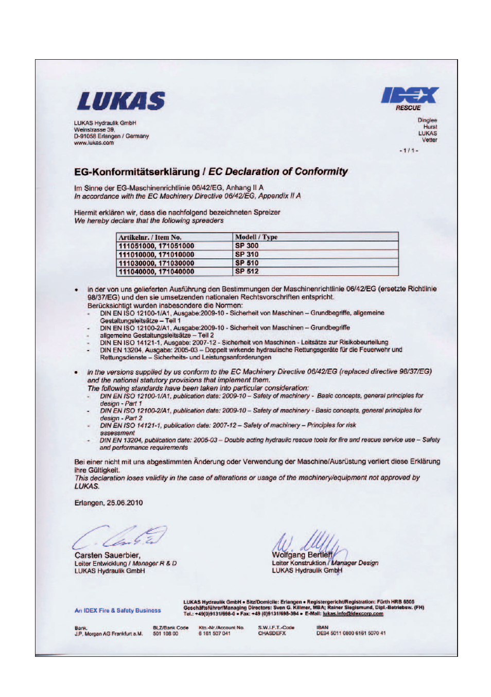 Ec declaration of conformity | Lukas SP 512 User Manual | Page 43 / 48