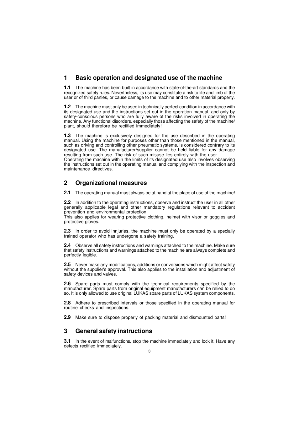 1basic operation and designated use of the machine, 2organizational measures, 3general safety instructions | Lukas LS530EN User Manual | Page 3 / 16