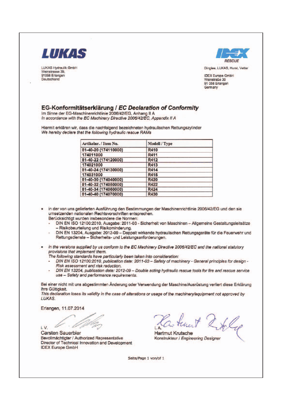 Ec declarations of conformity | Lukas R 430 User Manual | Page 34 / 36