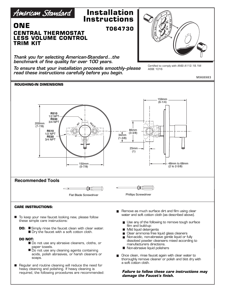 American Standard M968983 User Manual | 3 pages