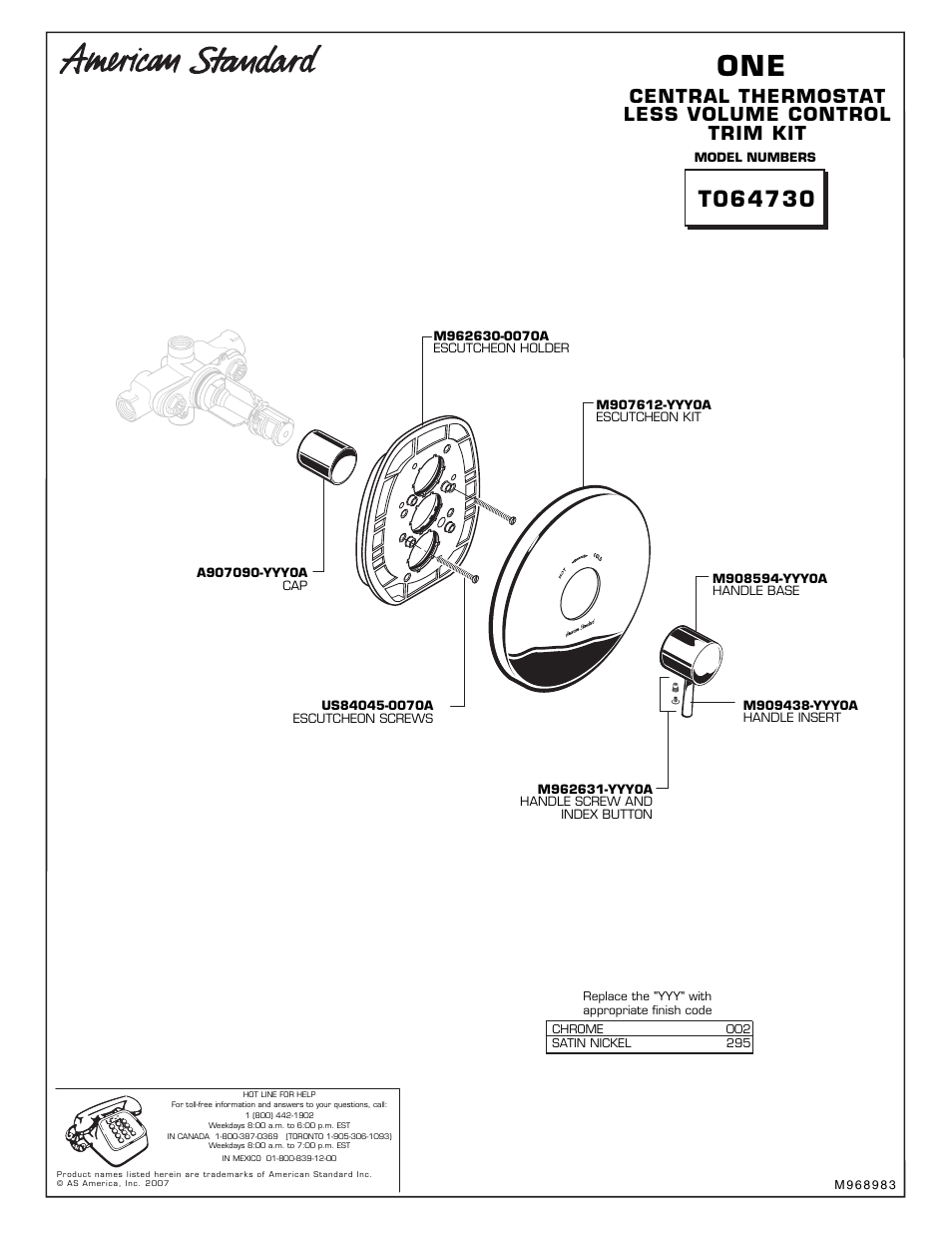 Installation instructions, Central thermostat less volume control trim kit | American Standard M968983 User Manual | Page 3 / 3