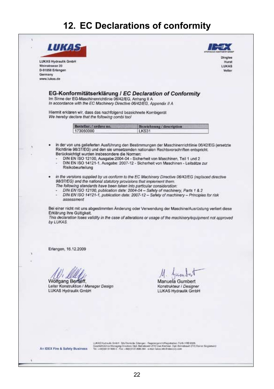 Ec declarations of conformity 12 | Lukas LKS 31 User Manual | Page 22 / 24
