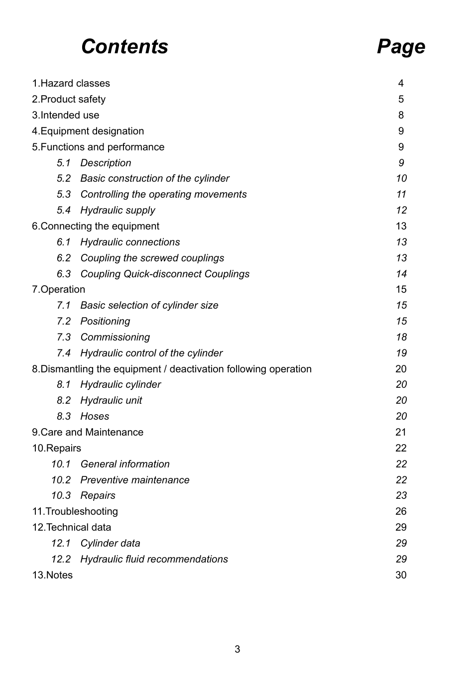 Contents page | Lukas Hydraulic cylinder User Manual | Page 3 / 32