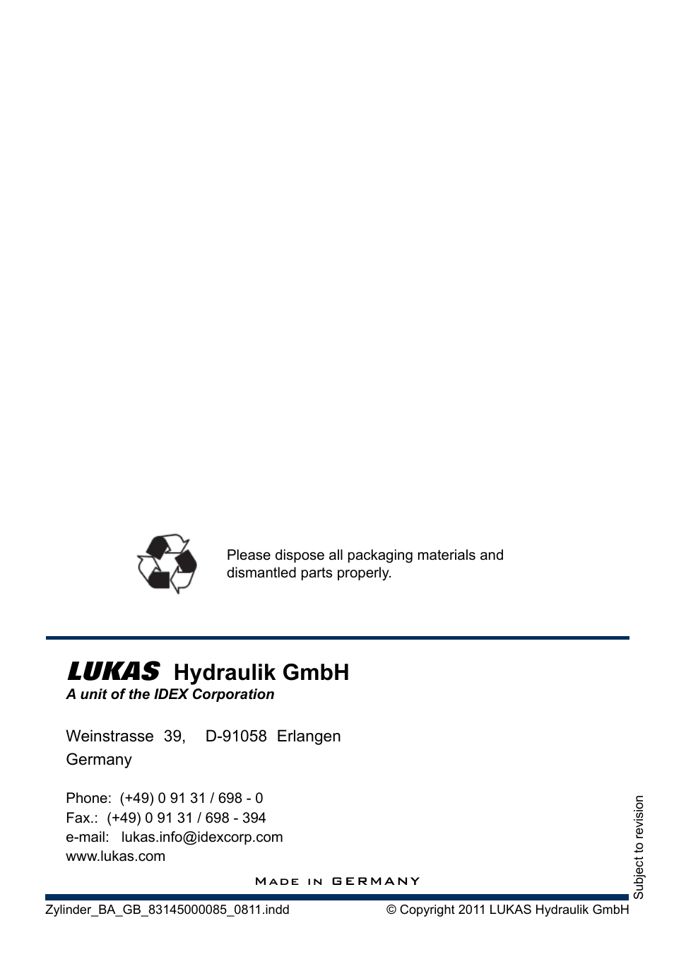 Lukas, Hydraulik gmbh | Lukas Hydraulic cylinder User Manual | Page 32 / 32