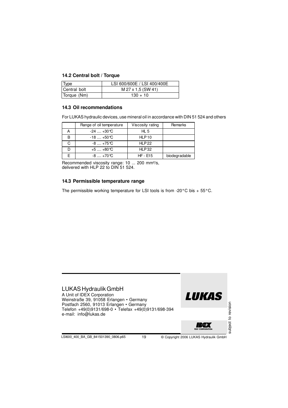 Lukas hydraulik gmbh | Lukas LSI 400 User Manual | Page 19 / 19