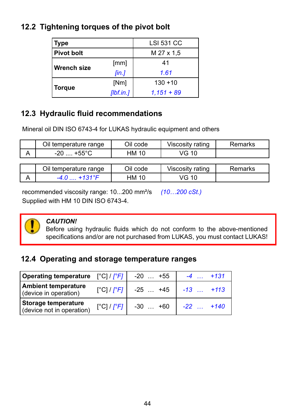 3 hydraulic fluid recommendations | Lukas Concrete crushers User Manual | Page 44 / 48