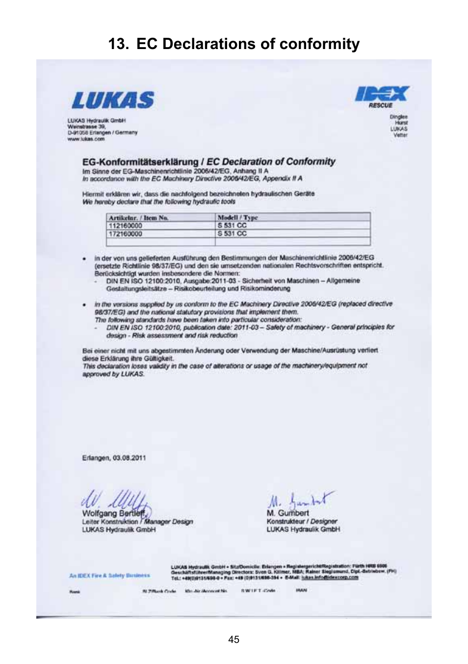 Ec declarations of conformity | Lukas Concrete crushers User Manual | Page 45 / 48